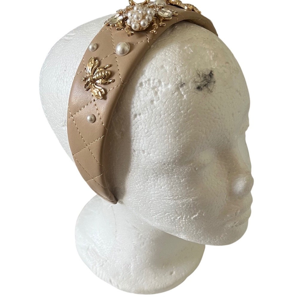 Women's Quilted Tan Faux Leather Headband with Gold Bee and Pearl Embellishments